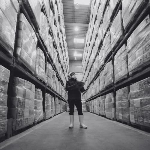 Warehouse manager checking inventory between stacked pallets
